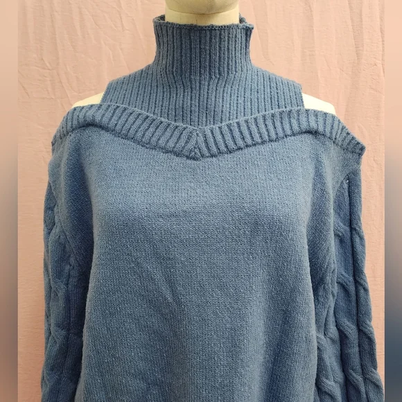 Cold Shoulder Turtleneck Long Sleeve Loose Ribbed Knit Pullover Sweater-(Large) - Picture 5 of 9